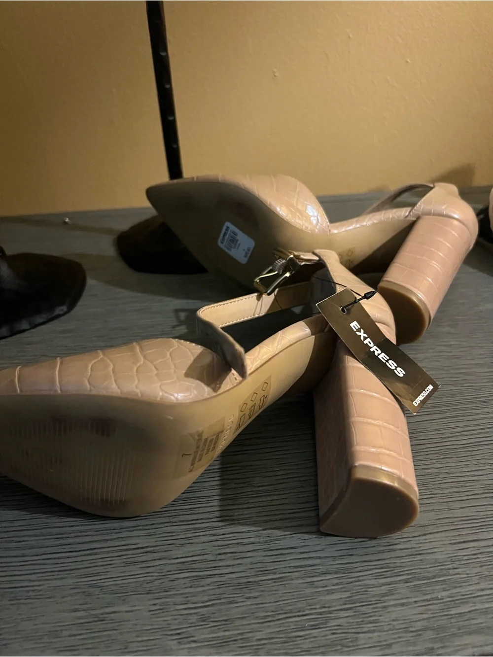 Express Beige Croc-Embossed Pointed Toe Ankle Strap Heels